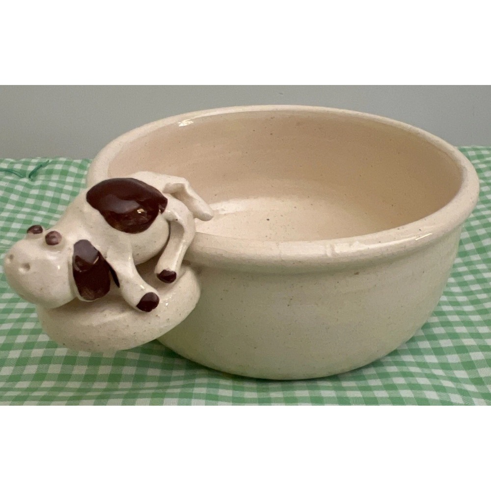 Sm Dog Food Water Bowl White Dog Brown Spots Glazed Studio Pottery Signed 5"